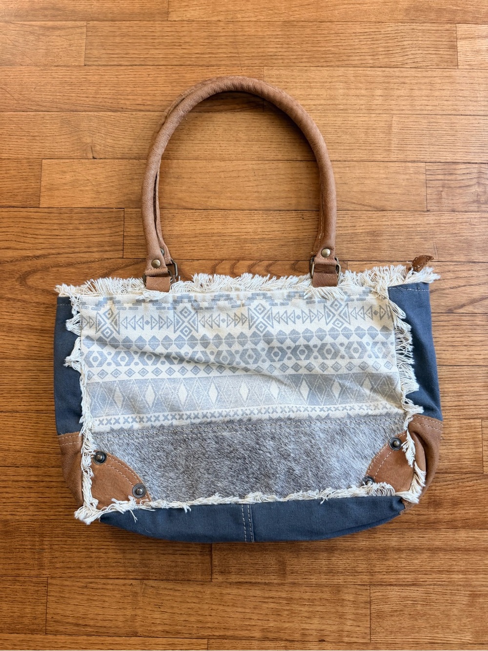 Myra Bag Upcycled Canvas Cowhide Tote Bag Aztec Boho Southwestern Fringe Purse